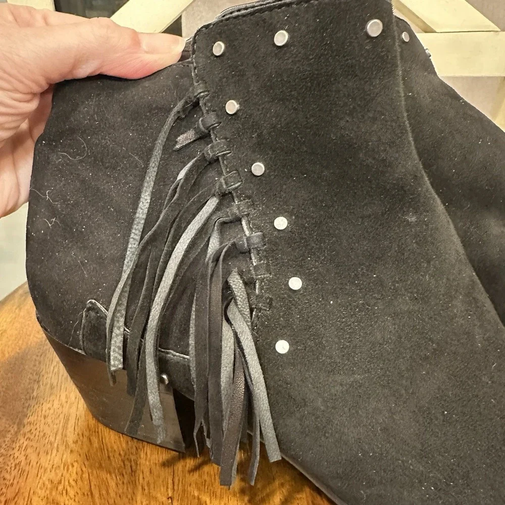 Sam Edelman Rudie Ankle Boots Womens 8 Black Suede Fringe Studded Western Bootie